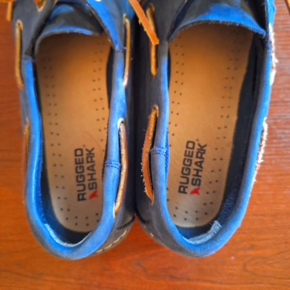 RUGGED SHARK Tan and Blue Suede Boat Shoes with Moccasin Stitching Size 11.5